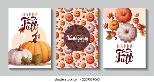 Set of autumn cards with colorful pumpkins. Handwritten lettering. Autumn, harvest, festive, holiday concept. Vector illustration. Card, cover, postcard.