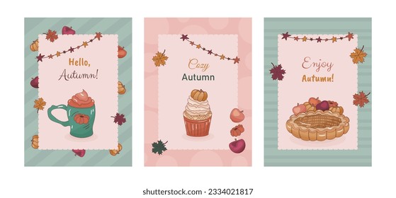 Juego de cartas de otoño con objetos acogedores. Tarta de calabaza, quequito de calabaza, pastel casero, hojas de arce, guapa guirnalda sobre fondo retro. Colorido diseño vectorial de postal, afiche, banner, volante, web.
