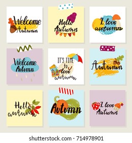 Set of autumn cards with cute season elements and lettering. 