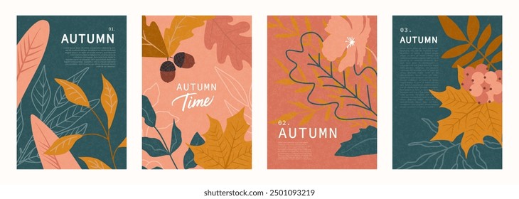 Set of Autumn cards with fall leaves and plants. Modern autumn poster in warm colors with grainy texture. Autumn background, web banner or flyer design. Template for advertising, printing, packaging, 