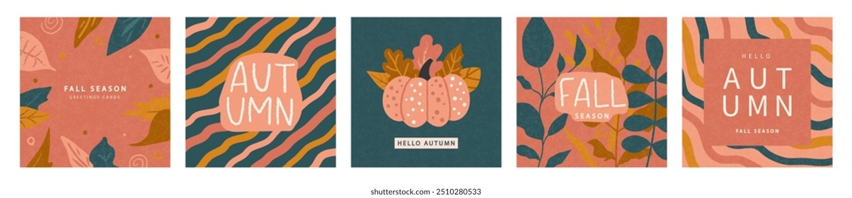 Set of autumn cards with fall leaves, plants and pumpkin. Modern autumn poster in warm colors with grainy texture. Abstract autumn background, web banner or flyer design. Template for advertising