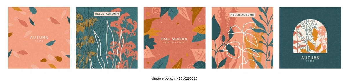 Conjunto de tarjetas de otoño con hojas y plantas de otoño. Cartel de otoño moderno en colores cálidos con textura granulada. Abstractas fondo de otoño, Anuncio de Web o diseño de volante. Plantilla para publicidad, impresión