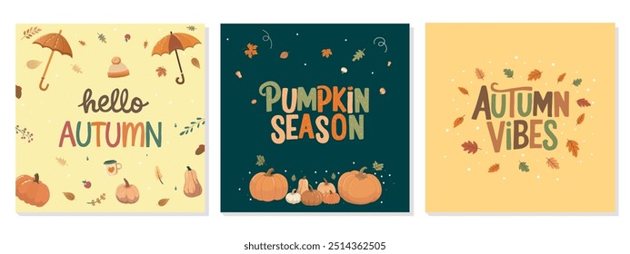 Set of autumn cards featuring cozy seasonal designs with pumpkins, leaves, and typography