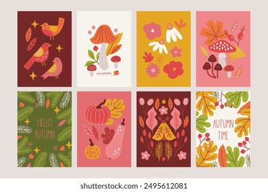 Set of autumn cards with flowers, leaves, chamomile, birds, mushrooms, butterflies, berries, fir branches, pumpkins in scandinavian style. Perfect for seasonal holidays. Vector illustration