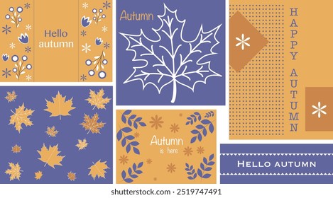 Set of autumn cards. Happy autumn. Hello autumn. Vector illustration
