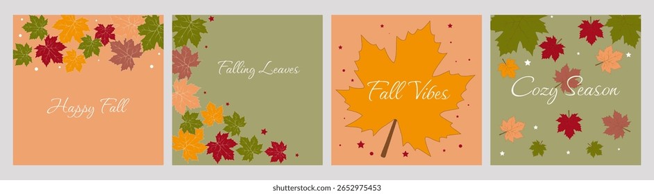 Set of autumn cards with inscriptions and maple leaves. Warm colors, phrases Happy Fall, Falling Leaves, Fall Vibes, Cozy Season. Ideal for autumn design and greetings, vector, illustration