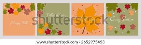 Set of autumn cards with inscriptions and maple leaves. Warm colors, phrases Happy Fall, Falling Leaves, Fall Vibes, Cozy Season. Ideal for autumn design and greetings, vector, illustration