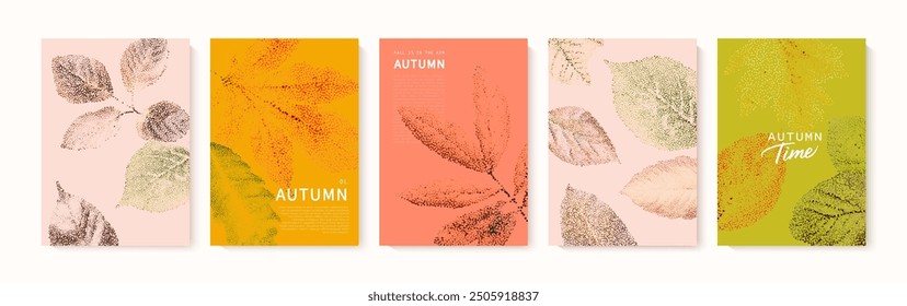 Conjunto de tarjetas de otoño con hojas de otoño con textura granulada. Carteles modernos de otoño en colores cálidos. Fondo de otoño, Anuncio de Web o diseño de volante. Plantilla para publicidad, impresión, embalaje, social