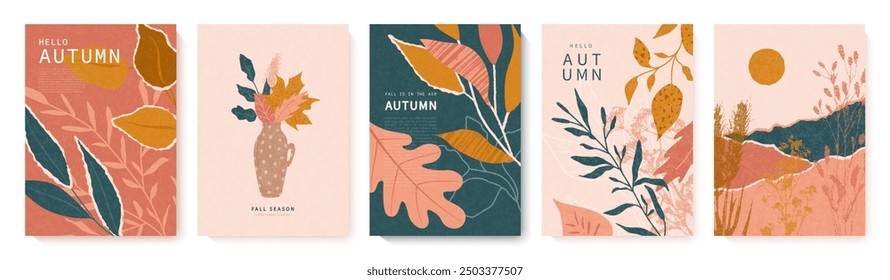 Conjunto de tarjetas de otoño con hojas de otoño, plantas, paisaje de otoño y jarrón con hojas. Cartel de otoño moderno en colores cálidos con textura granulada. Fondo Abstractas, Anuncio de Web o diseño de volante. 