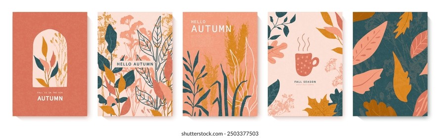 Conjunto de tarjetas de otoño con hojas de otoño, plantas, taza. Cartel de otoño moderno en colores cálidos con textura granulada. Fondo Abstractas, Anuncio de Web o diseño de volante. Plantilla para publicidad, impresión