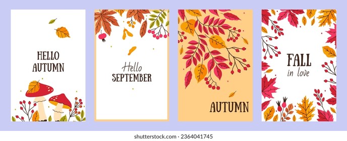 Set of autumn cards with mushrooms, leaves, berries. Vector graphics.