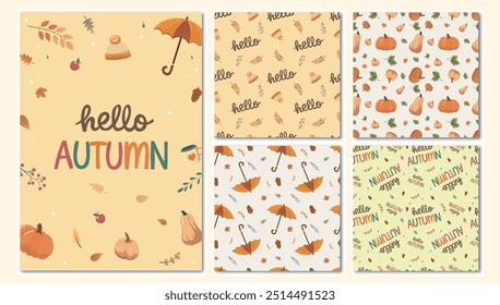 Conjunto de tarjetas de otoño y patrones con calabazas, hojas, bellotas y paraguas en tonos cálidos.
Anuncio y correo