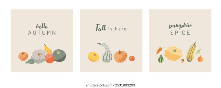 Set of autumn cards with pumpkins illustration. Fall is here. Cute squash vegetable on beige background. Seasonal greetings. Vector template