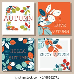 Set of autumn cards with text. Stylized autumn leaves. Print, flyer, sticker, banner, postcard. Vector illustration.