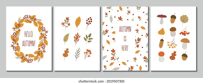 Set Herbstkarten. Vektordesign für Karten, Flyer oder Poster mit Herbstblättern, Beeren und Pilzen