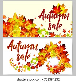 Set of autumn cards with yellow and red foliage of maple. Realistic Vector illustration with text sale