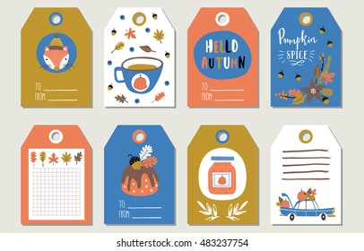 Set of Autumn cartoon elements. Gift tags. Pumpkin, harvest, fox, flowers, leaves, lettering and other elements.