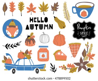 Set of Autumn cartoon elements. Pumpkin, harvest, pie, fox, flowers, leaves, lettering and other elements.