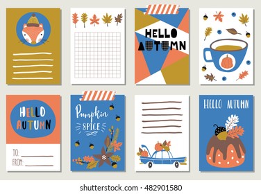 Set of Autumn cartoon elements. Pumpkin, harvest, fox, flowers, leaves, lettering and other elements.