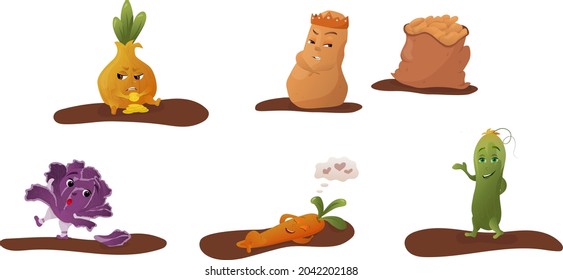 set of autumn cartoon vegetables. Emotions vector illustration friendly, clumsy, dreamy, arrogant, mean. Vegetables for children's benefits, games. cucumber, carrots , potatoes, onions, cabbage.