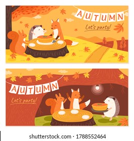 Banner de la celebración del otoño con animales adorables haciendo fiesta en el bosque, diseño dibujado a mano