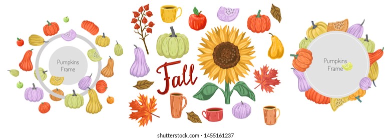 Set of autumn character items, pumpkins and fruits, leaves and sunflower, for your design. Banners and flyers with autumn offers. Vector flat illustration on white background.