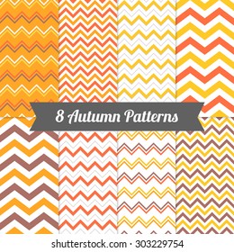 Set of Autumn Chevron Seamless Patterns in Yellow, Orange, Deep Orange, Brown and White. Perfect for wallpapers, pattern fills, background, textile, greeting cards