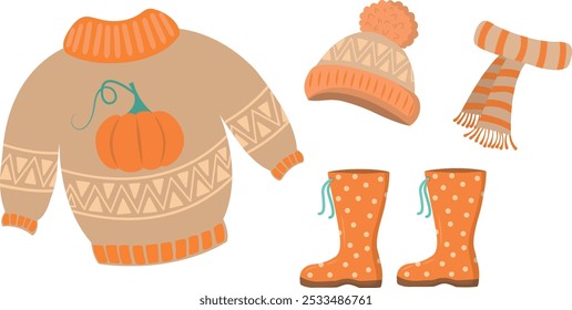 A set of autumn clothes, hand-painted: hat, sweater, scarf, rubber boots. The concept of a seasonal poster, postcards, invitations, stickers