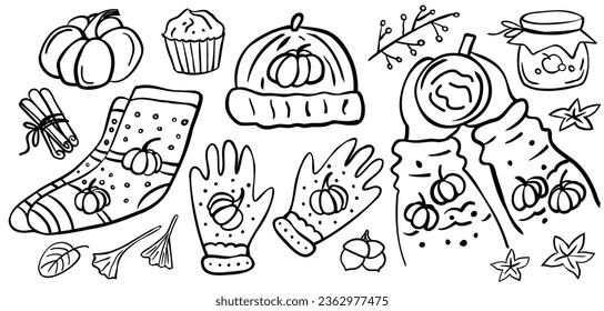 Set of autumn clothes - hat, socks, gloves, scarf isolated on white background. Vector illustration. Coloring book