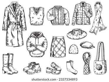 Set of autumn clothes. Sketches of apparel, shoes, hats, accessories. Hand drawn vector illustrations. Outline cliparts collection isolated on white..