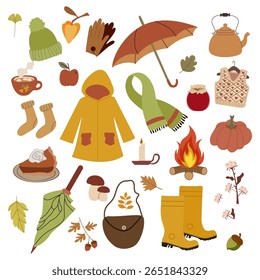A set of autumn clothes and things to wear. Yellow mackintosh and boots, green cosy hat, tea kettle and cake. Vector illustration for autumn designs.
