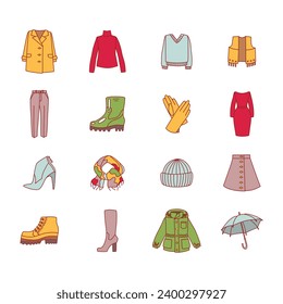 Set of autumn clothing icons. Vector illustrations of warm clothes isolated on a white background. Coat, jumper, boots, gloves, scarf, hat etc. 