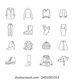 Set of autumn clothing icons. Vector illustrations of warm clothes isolated on a white background. Coat, jumper, boots, gloves, scarf, hat etc. 