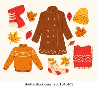 Set of autumn clothing items. Coat, hat, socks, scarf, sweater. Flat vector illustration.