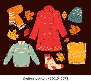 Set of autumn clothing items. Flat vector illustration.