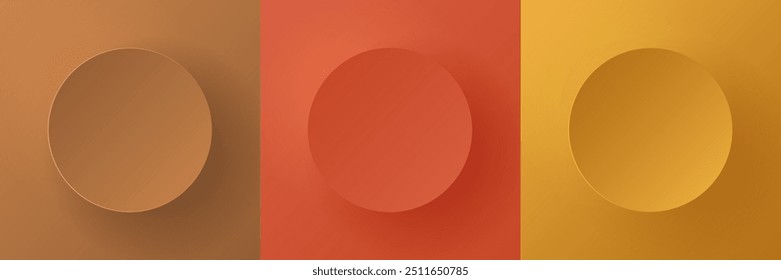 Set of autumn colored 3D round circles frames with soft light and shadow. Minimal papercut pedestal podium in top view with text copy space. Badge emboss texture collection design.