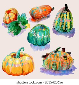 Set of autumn colorful hand-drawn pumpkins for halloween, harvest festival. Acrylic drawing, watercolor drawing. Vector graphics.