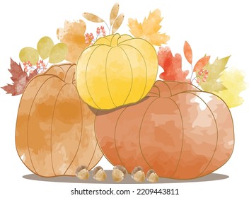Set of autumn colorful leaves, acorn and pumpkins in watercolor style. Autumn design illustration vector for decoration