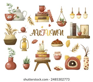 Set autumn comfort interior items. Isolate on a white background. Vekor, hand drawing