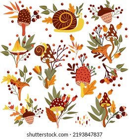 Set Autumn composition with mushrooms, colorful leaves, red berry and acorn. Season illustration for for web, harvest festival, banner, card and Thanksgiving. Vector illustration. 