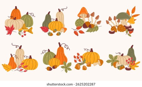 Set of autumn compositions set featuring seasonal elements like leaves, pumpkins, mushrooms, nuts, and berries, arranged in warm, natural layouts perfect for fall-themed designs, and decor.