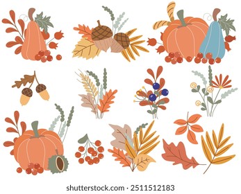 Set of autumn compositions with pumpkin, acorns, rowan berries, leaves and chestnut. Cute cozy fall illustrations, clip art. Hand drawn design elements for thanksgiving day, vector graphics