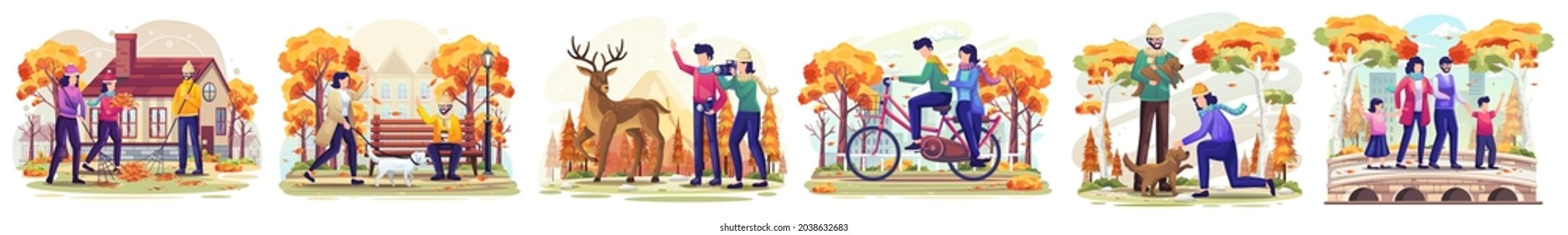 Set of Autumn concept illustration with people and family enjoy and play in the park of autumn flat vector illustration