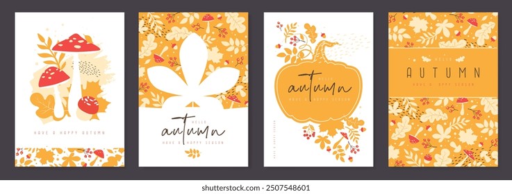 Set of autumn covers or cards with autumn floral attributes. Vector illustration