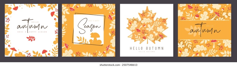 Set of autumn covers or cards with autumn floral attributes. Vector illustration