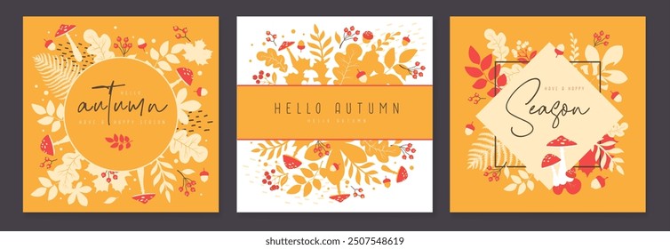 Set of autumn covers or cards with autumn floral attributes. Vector illustration