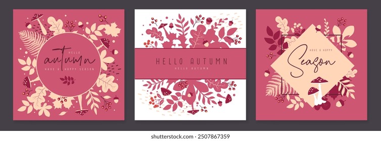 Set of autumn covers or cards with autumn floral attributes. Vector illustration