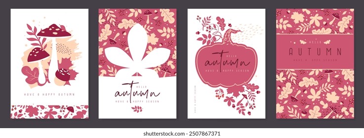 Set of autumn covers or cards with autumn floral attributes. Vector illustration