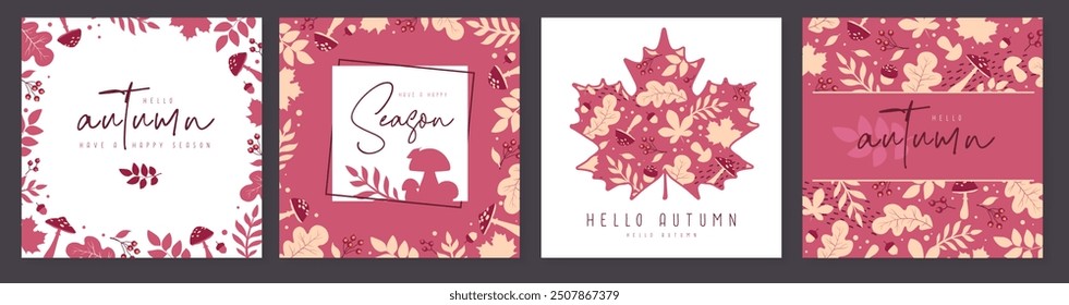 Set of autumn covers or cards with autumn floral attributes. Vector illustration