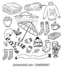 Set of autumn cozy elements and clothes. Pumpkin, leaves, umbrella, scarf, cup of tea, socks, plaid, hat, sweater, boots, mittens, jam, book, rainy cloud. Black and white linear collection of doodle